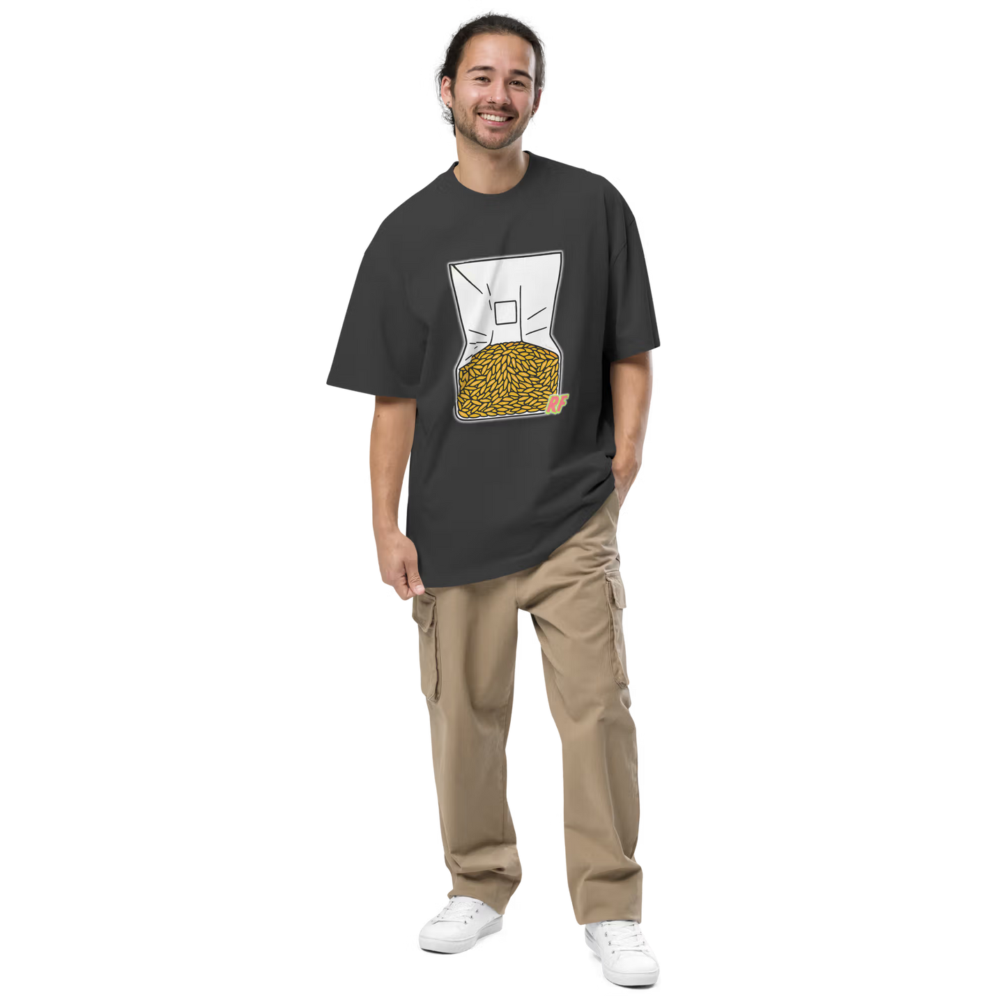 Man wearing Faded Black Grain Spawn oversized T-shirt