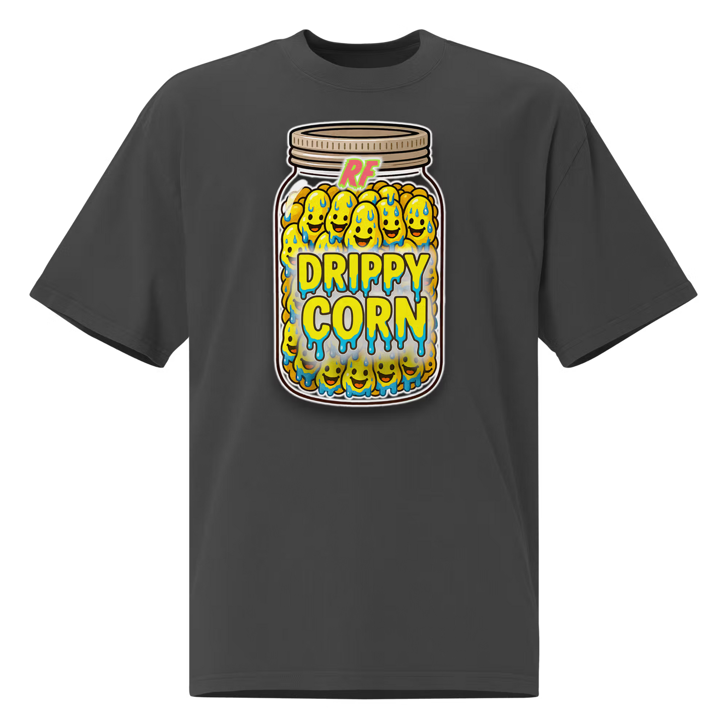 cartoon graphic of dripping corn with smiling faces in a jar printed on oversized faded black t-shirt