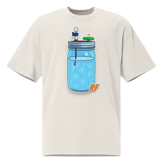 Beige t-shirt with a graphic of a mason jar with a straw and ice cubes on a white background