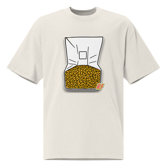 Beige t-shirt with a graphic of a bag of chips on a white background