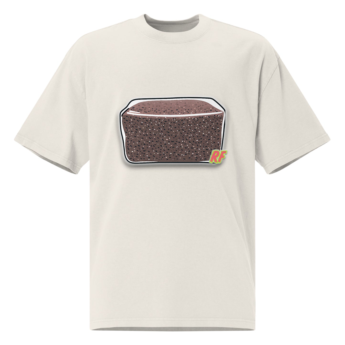 White t-shirt with a graphic of a brown bag on a white background