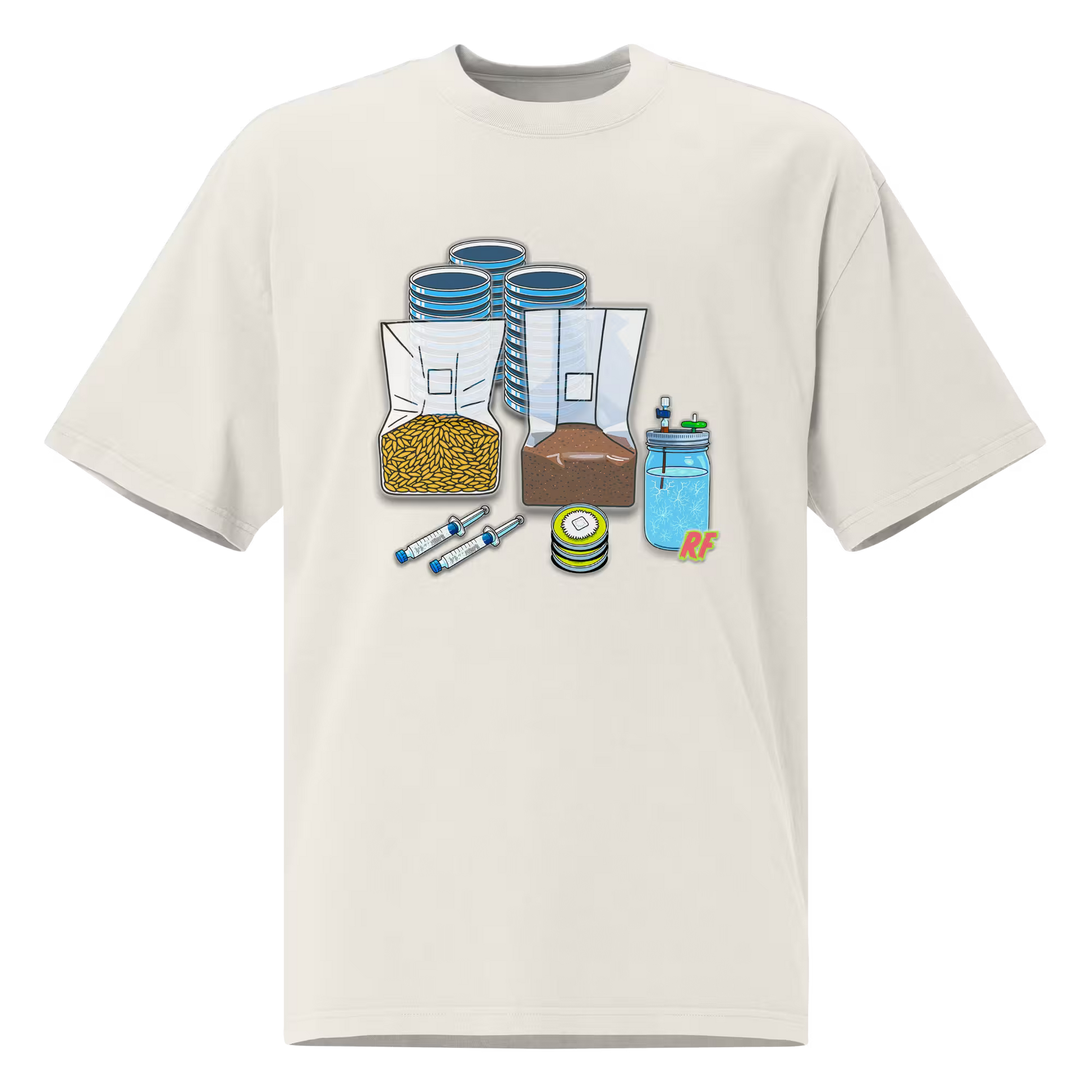 cartoon collage of mushroom growing supplies including agar plates, liquid culture syringe, LC jar, grain spawn bag, and substrate bag printed on oversized faded t-shirt
