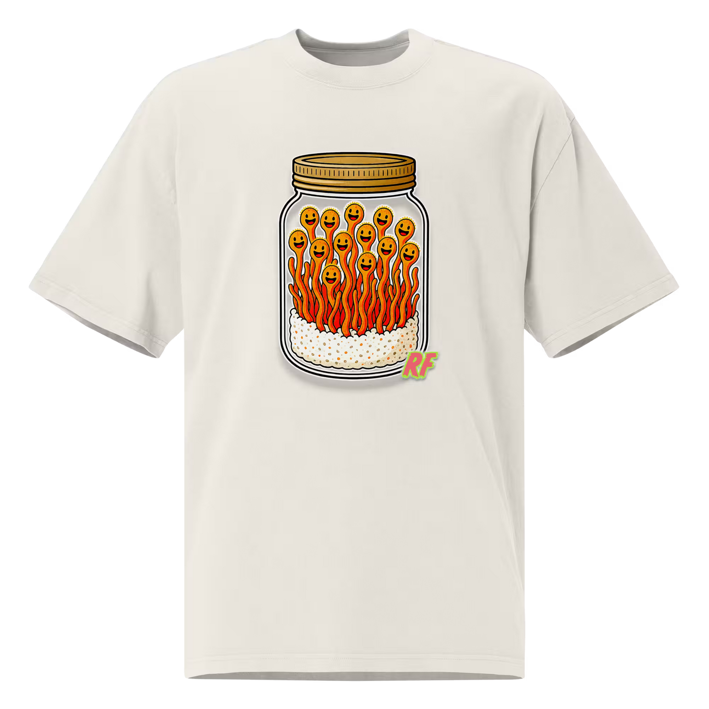 cartoon jar of orange cordyceps mushrooms with smiling faces printed on oversized faded t-shirt