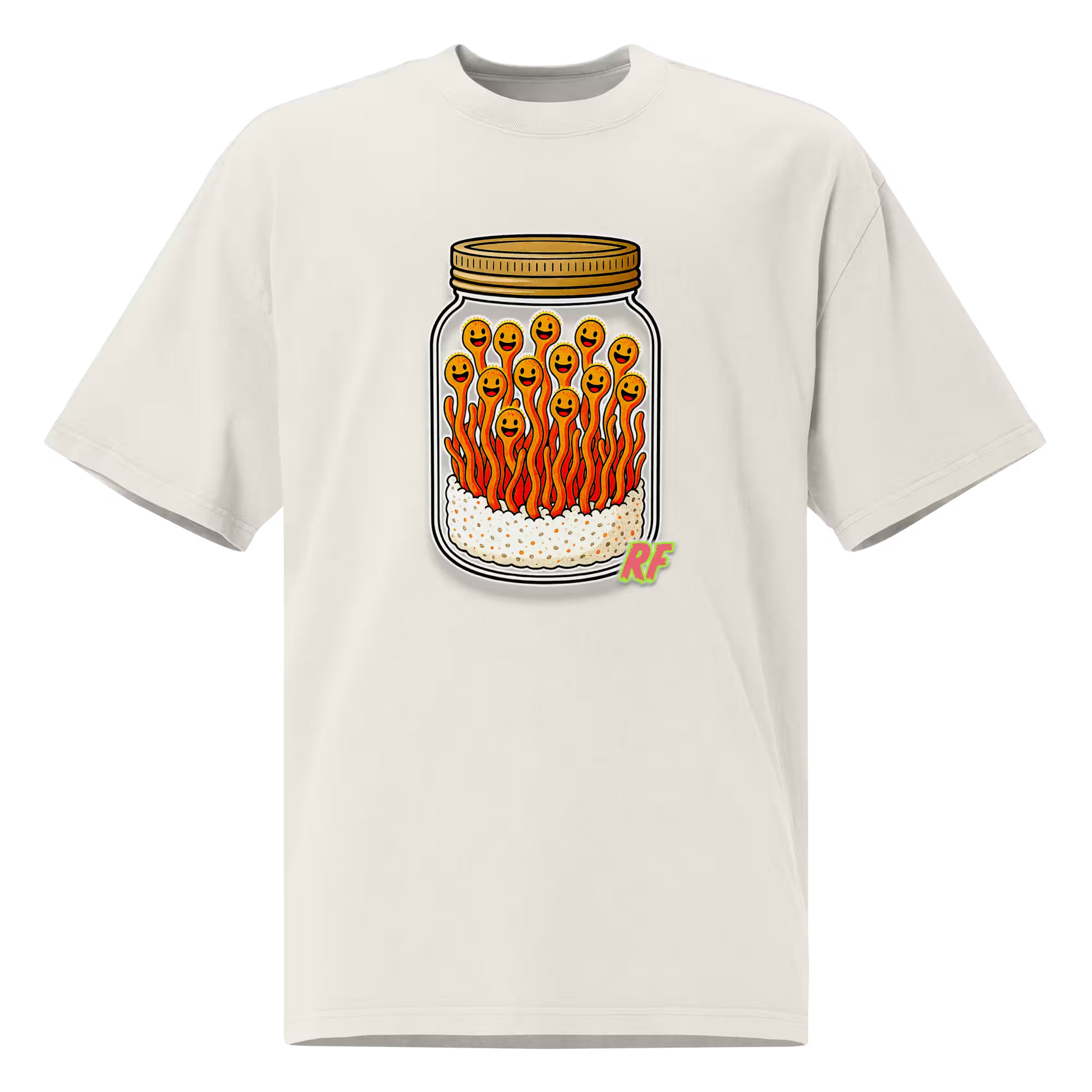 cartoon jar of orange cordyceps mushrooms with smiling faces printed on oversized faded t-shirt