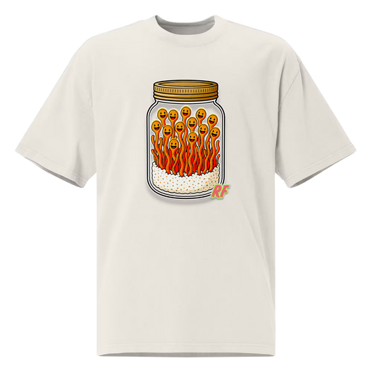 cartoon jar of orange cordyceps mushrooms with smiling faces printed on oversized faded t-shirt