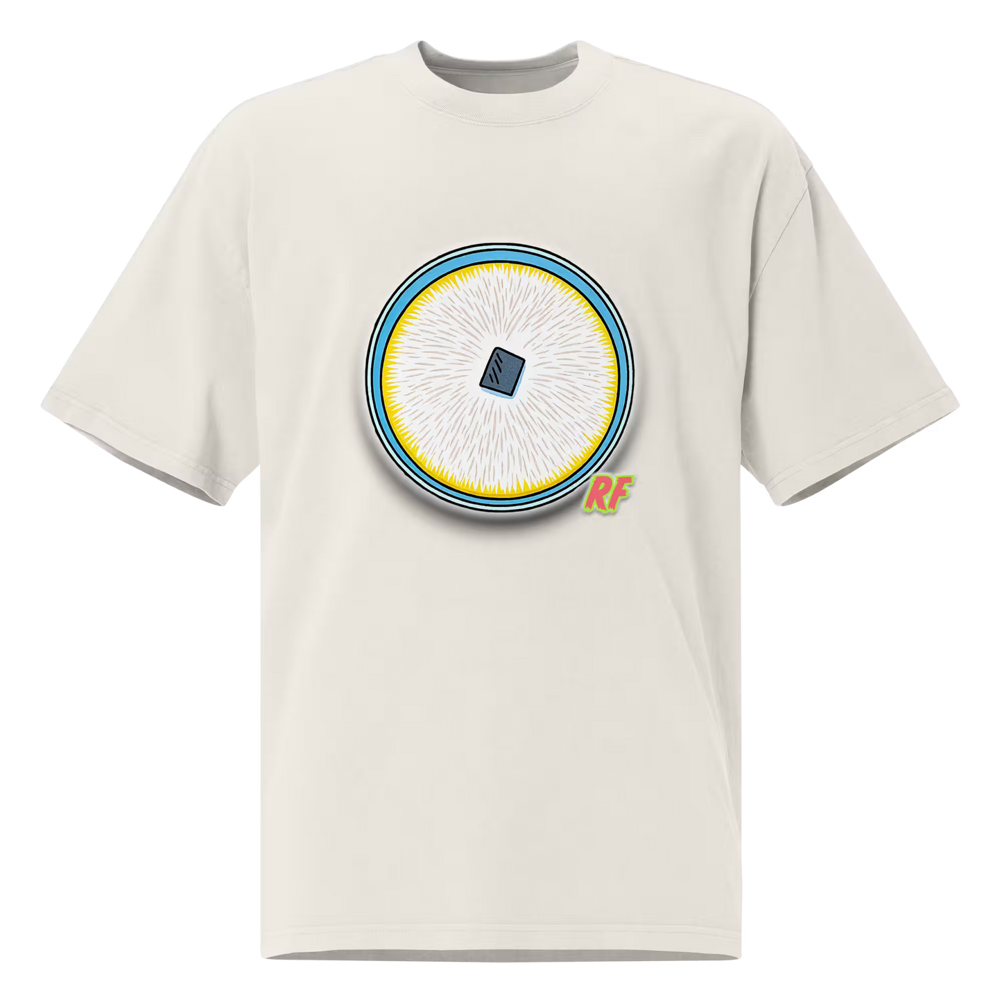 cartoon fully colonized agar culture plate with white mycelium printed on oversized faded t-shirt