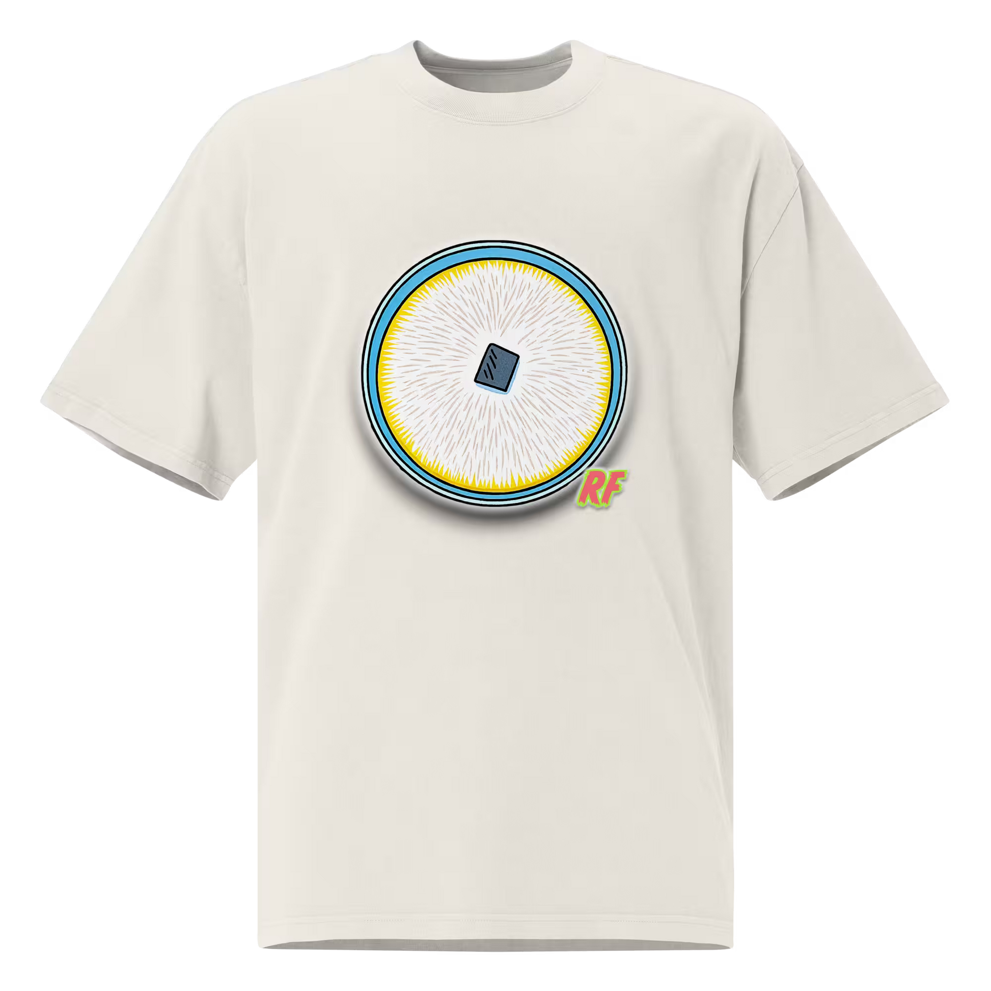 cartoon fully colonized agar culture plate with white mycelium printed on oversized faded t-shirt
