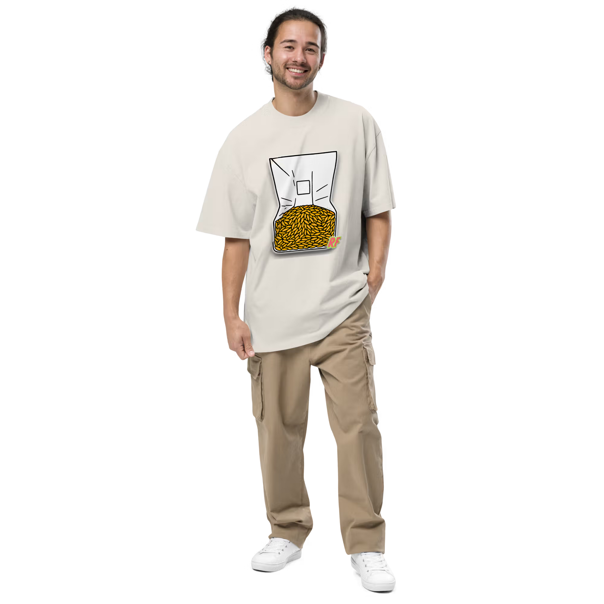 Man wearing Faded Bone Grain Spawn oversized T-shirt