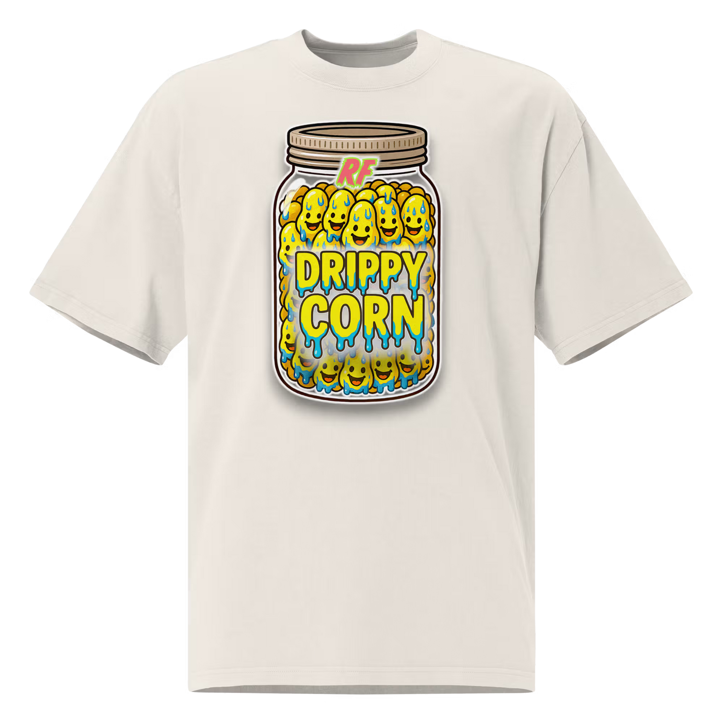 Person wearing a faded bone oversized t-shirt with 'Drippy Corn' design
