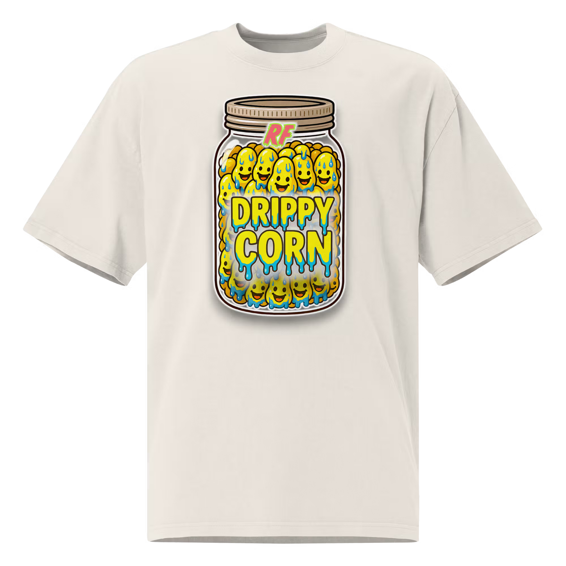Person wearing a faded bone oversized t-shirt with 'Drippy Corn' design