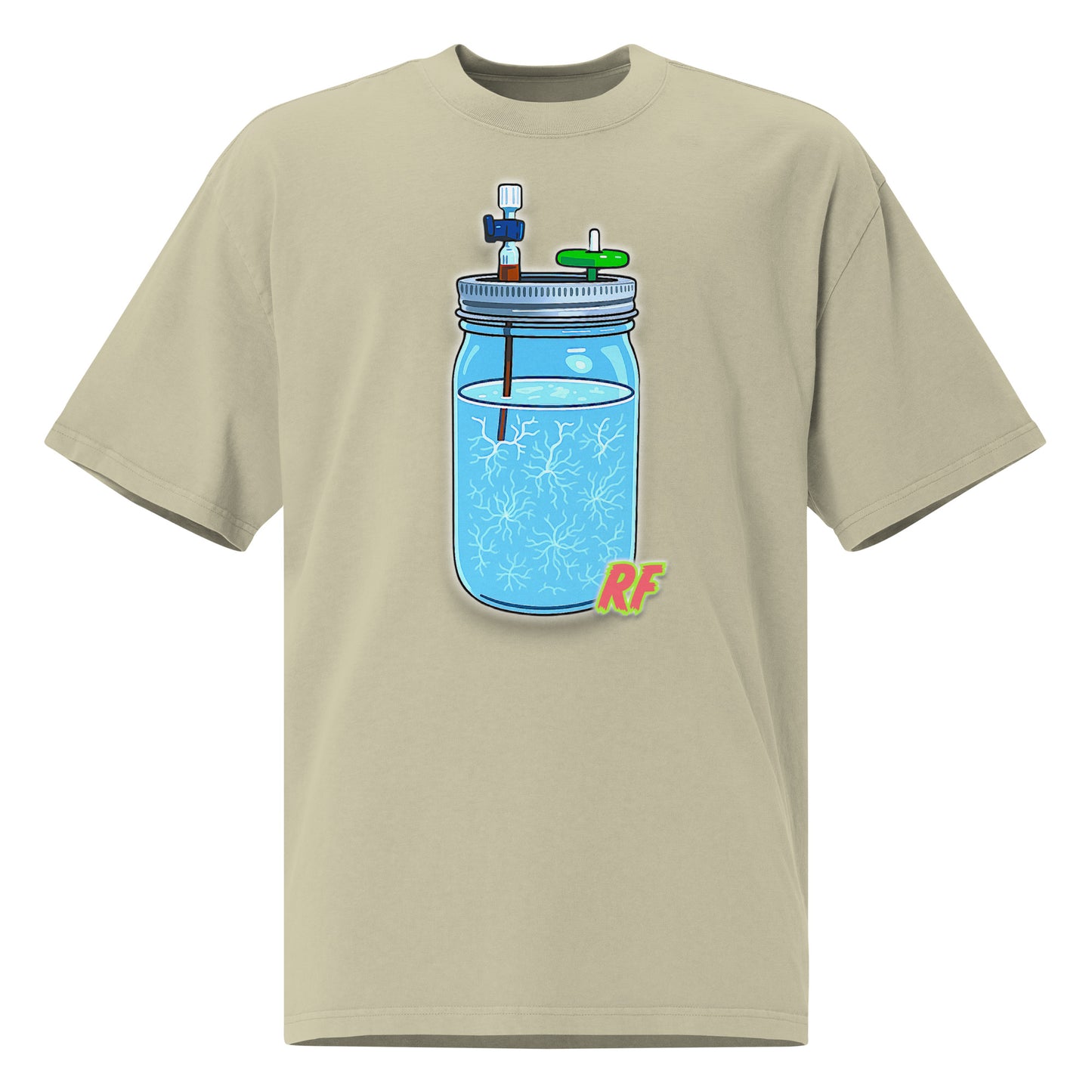 Beige t-shirt with a graphic of a mason jar with a straw and 'RF' logo on a white background