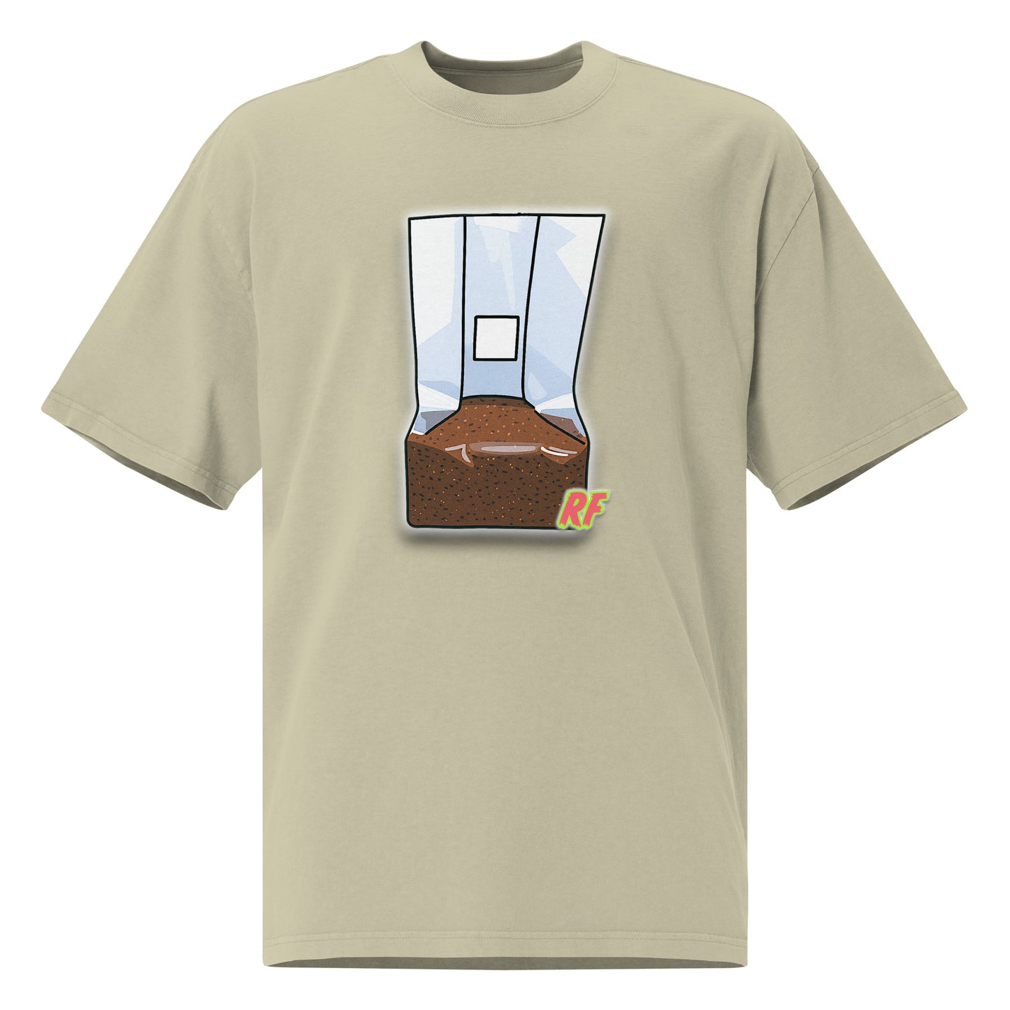 Beige t-shirt with a graphic of a coffee bag and 'RF' logo on a white background
