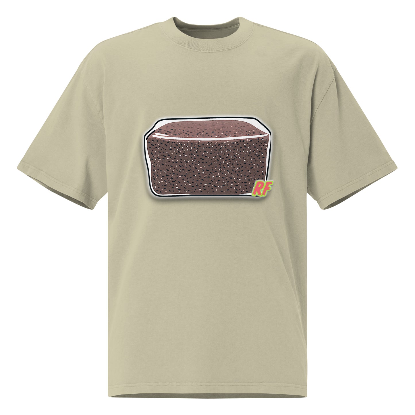 Beige t-shirt with a graphic of a loaf of bread on a white background