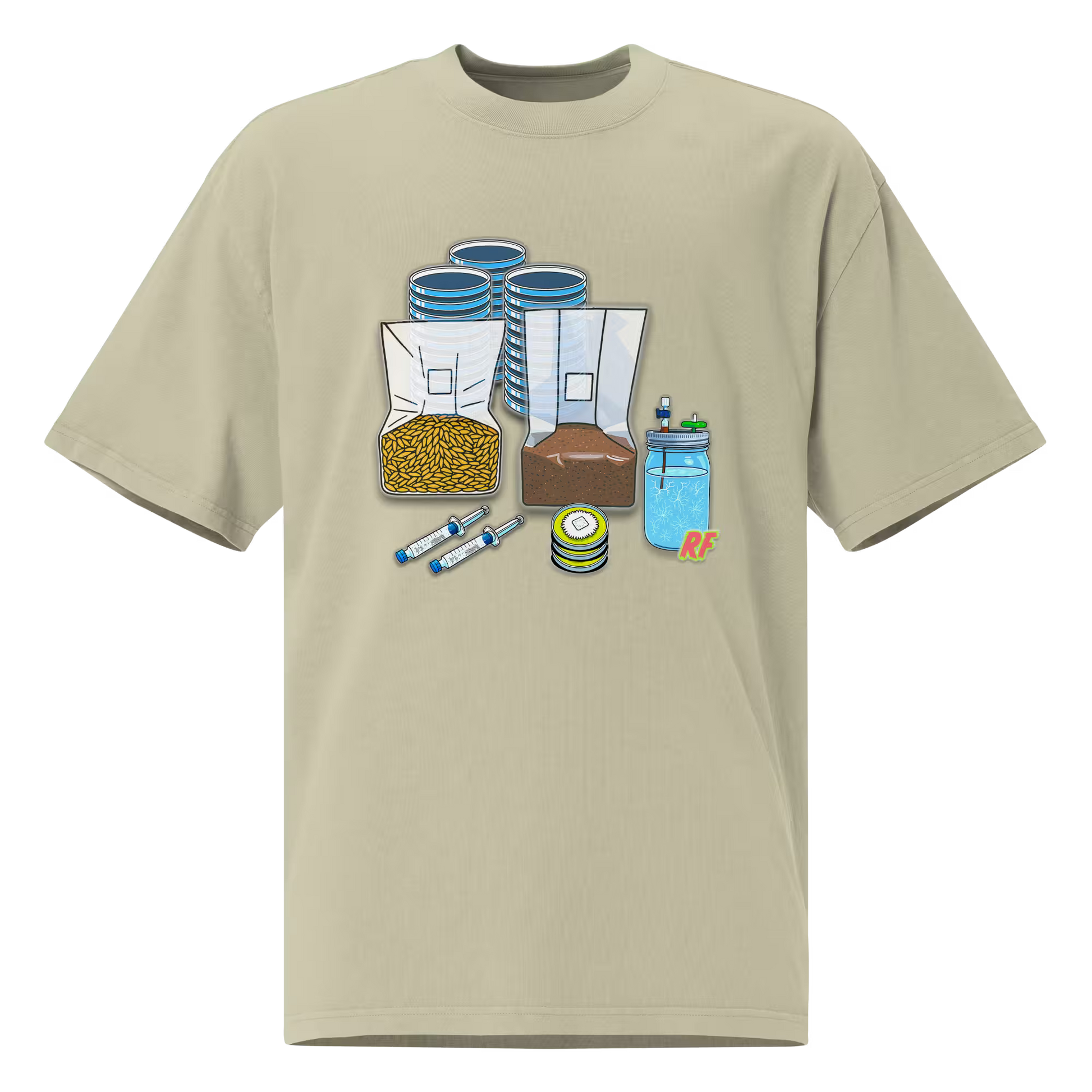 cartoon collage of mushroom growing supplies including agar plates, liquid culture syringe, LC jar, grain spawn bag, and substrate bag printed on oversized faded t-shirt