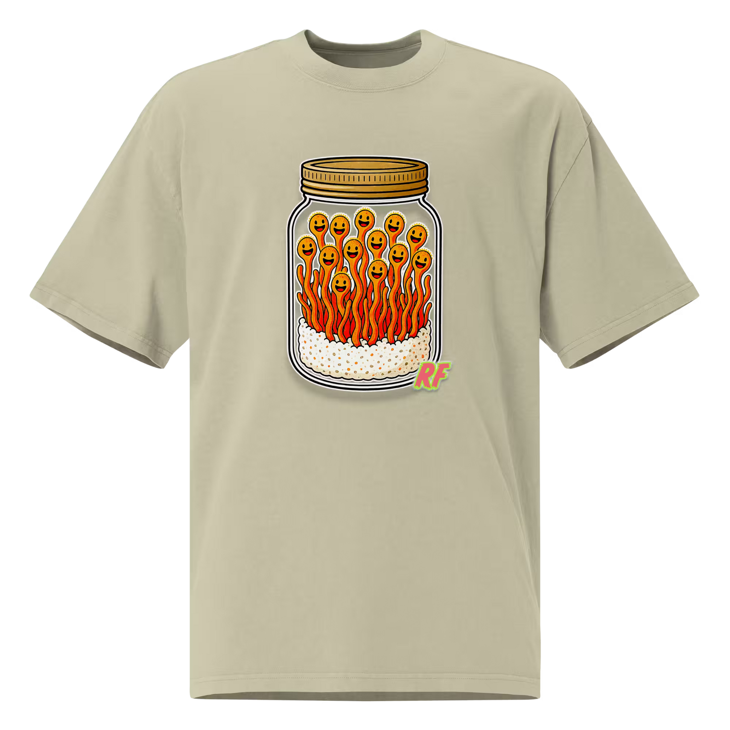 cartoon jar of orange cordyceps mushrooms with smiling faces printed on oversized faded t-shirt
