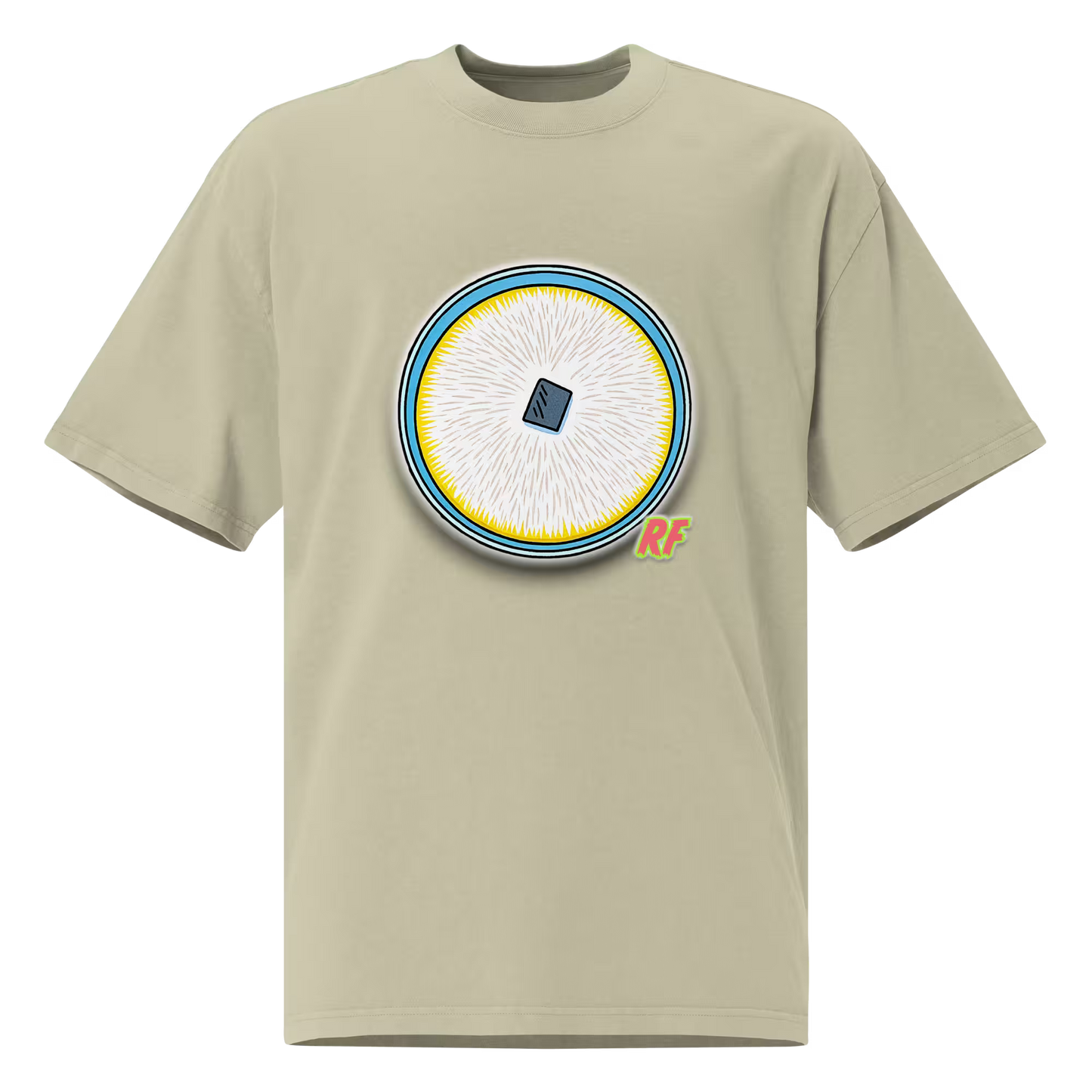 cartoon fully colonized agar culture plate with white mycelium printed on oversized faded t-shirt