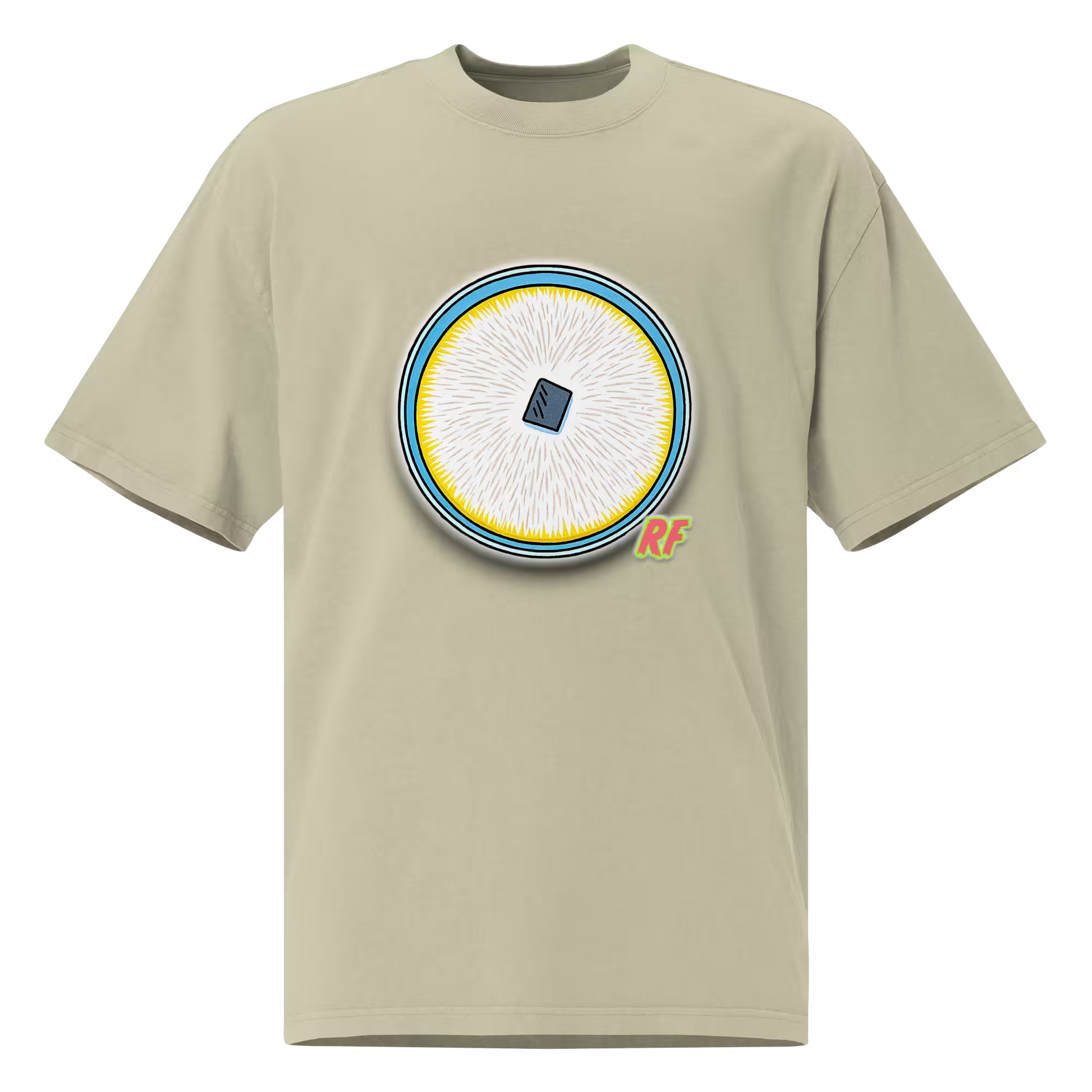 cartoon fully colonized agar culture plate with white mycelium printed on oversized faded t-shirt