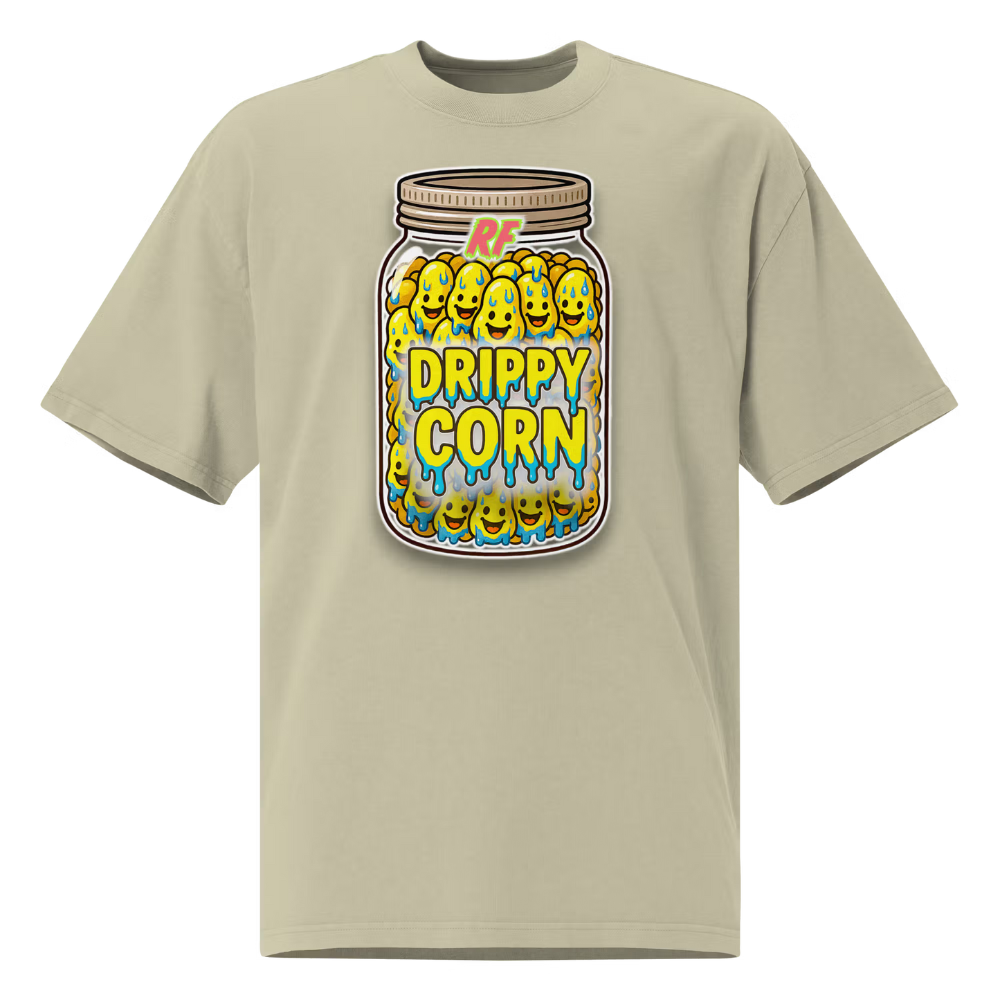 Faded Eucalyptus oversized t-shirt with a 'Drippy Corn' graphic design