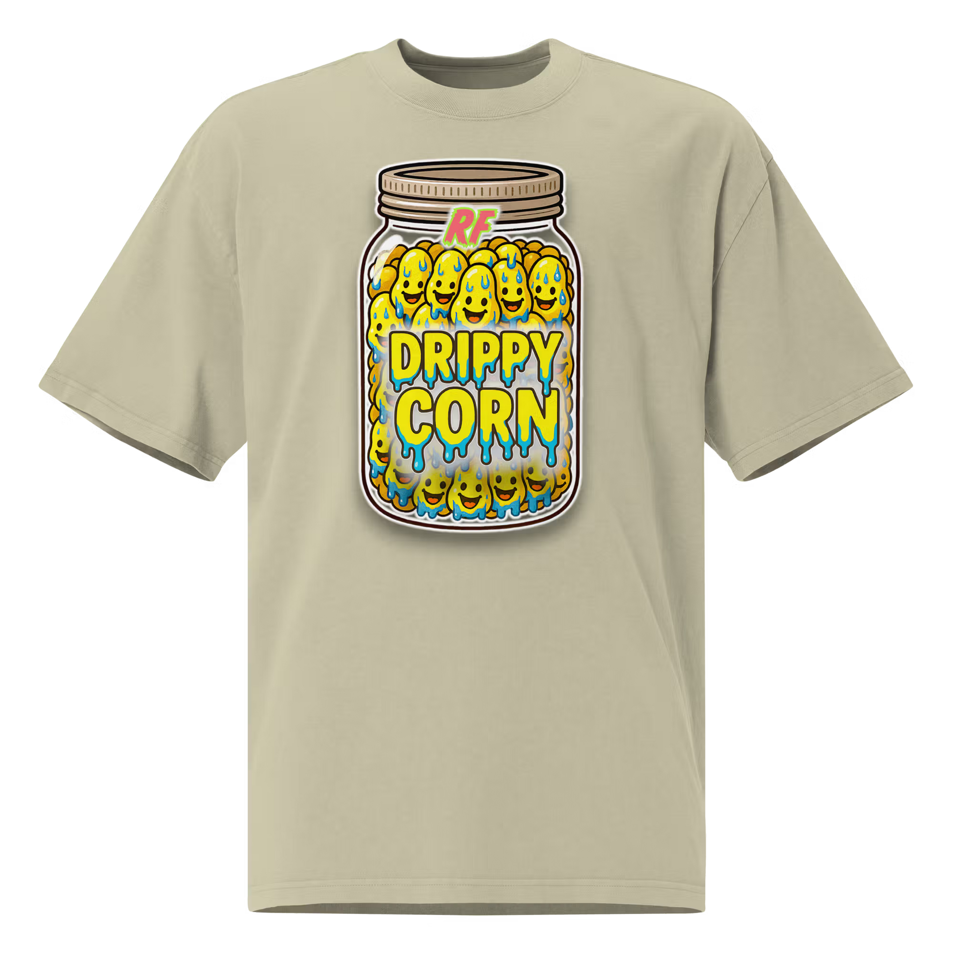 Faded Eucalyptus oversized t-shirt with a 'Drippy Corn' graphic design