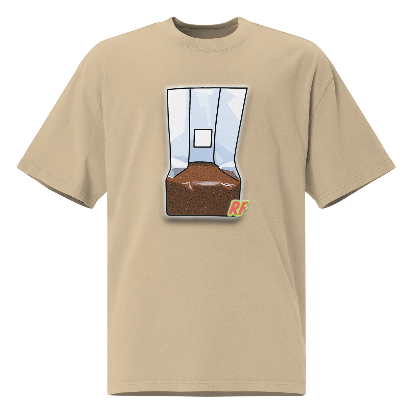 Beige t-shirt with a graphic of a coffee filter and grounds on a white background