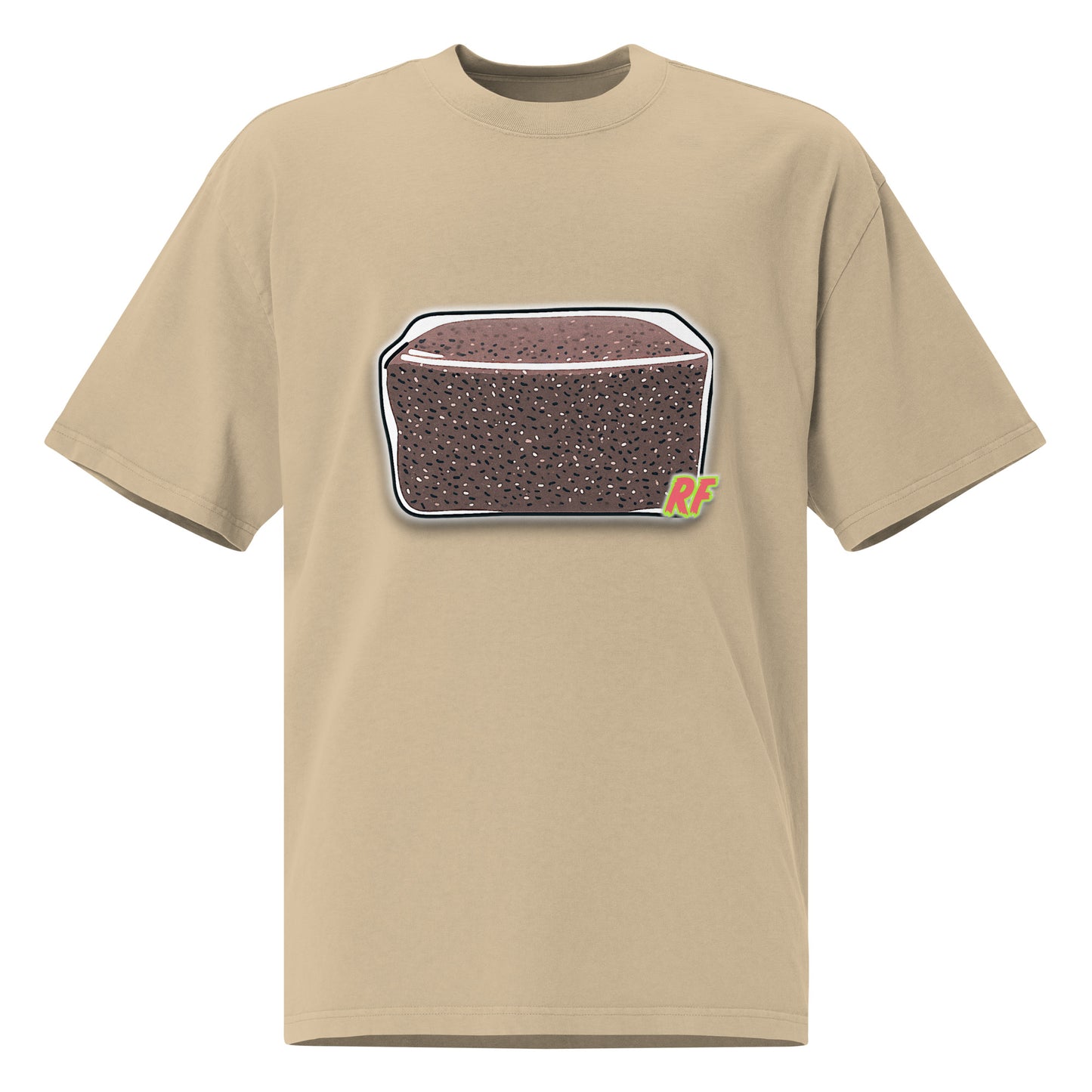 Beige t-shirt with a graphic of a loaf of bread on a white background