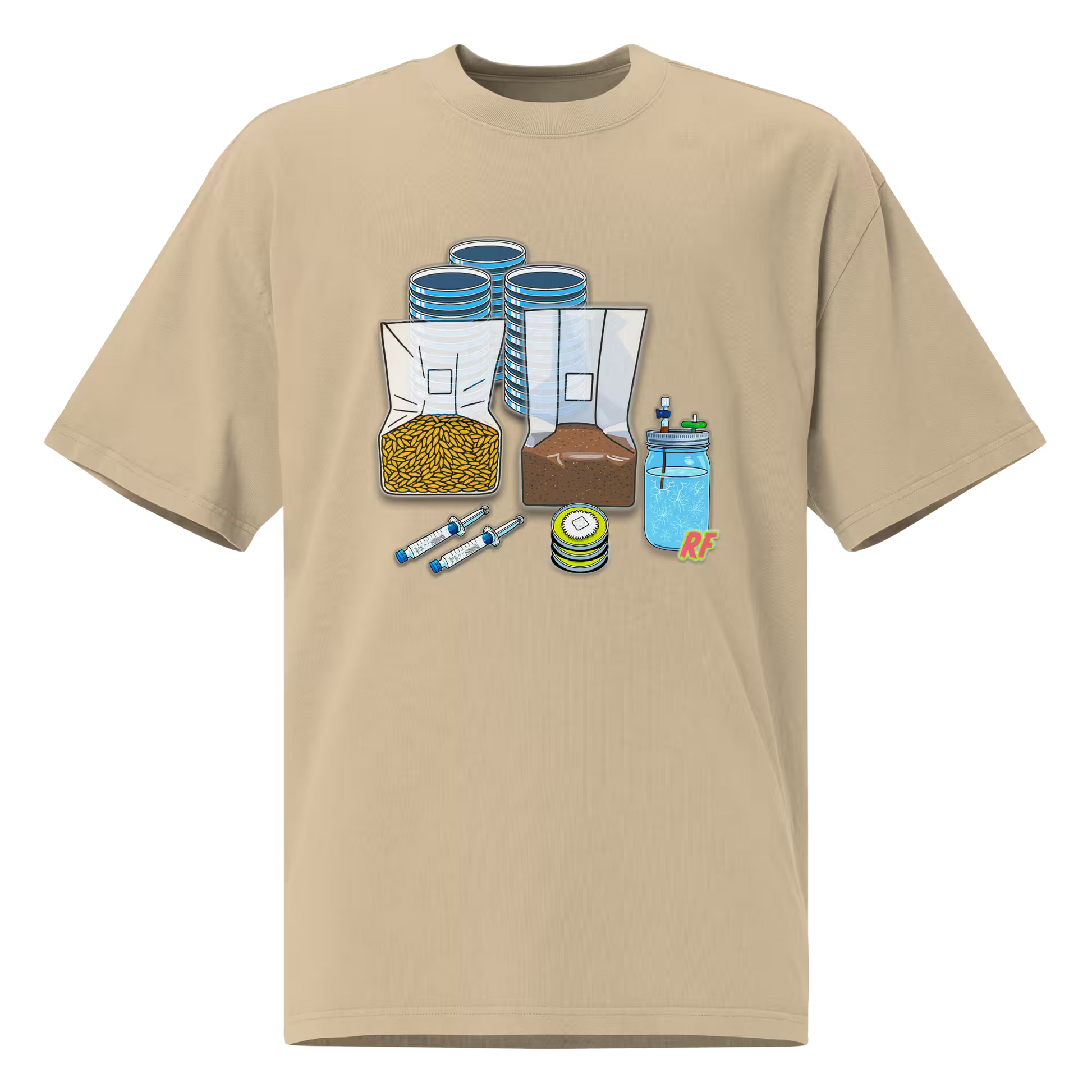 cartoon collage of mushroom growing supplies including agar plates, liquid culture syringe, LC jar, grain spawn bag, and substrate bag printed on oversized faded t-shirt