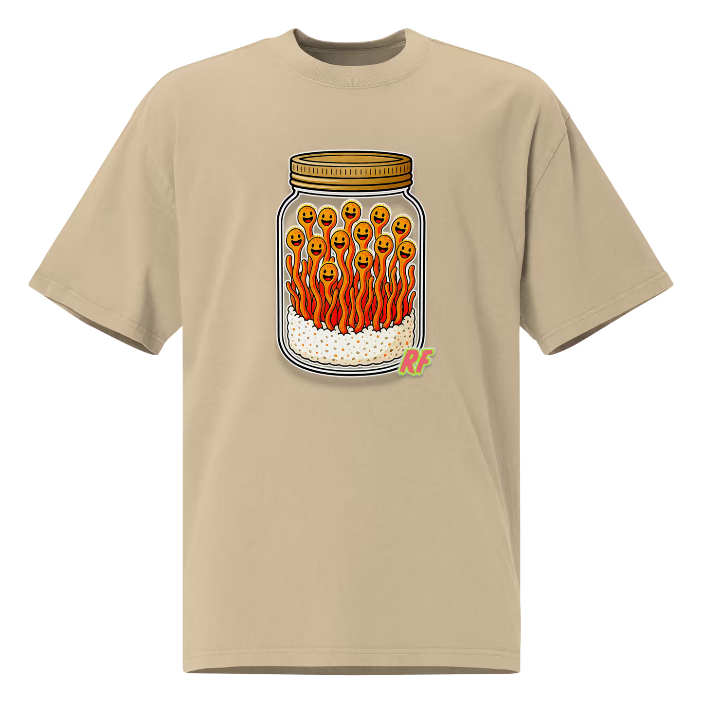 cartoon jar of orange cordyceps mushrooms with smiling faces printed on oversized faded t-shirt