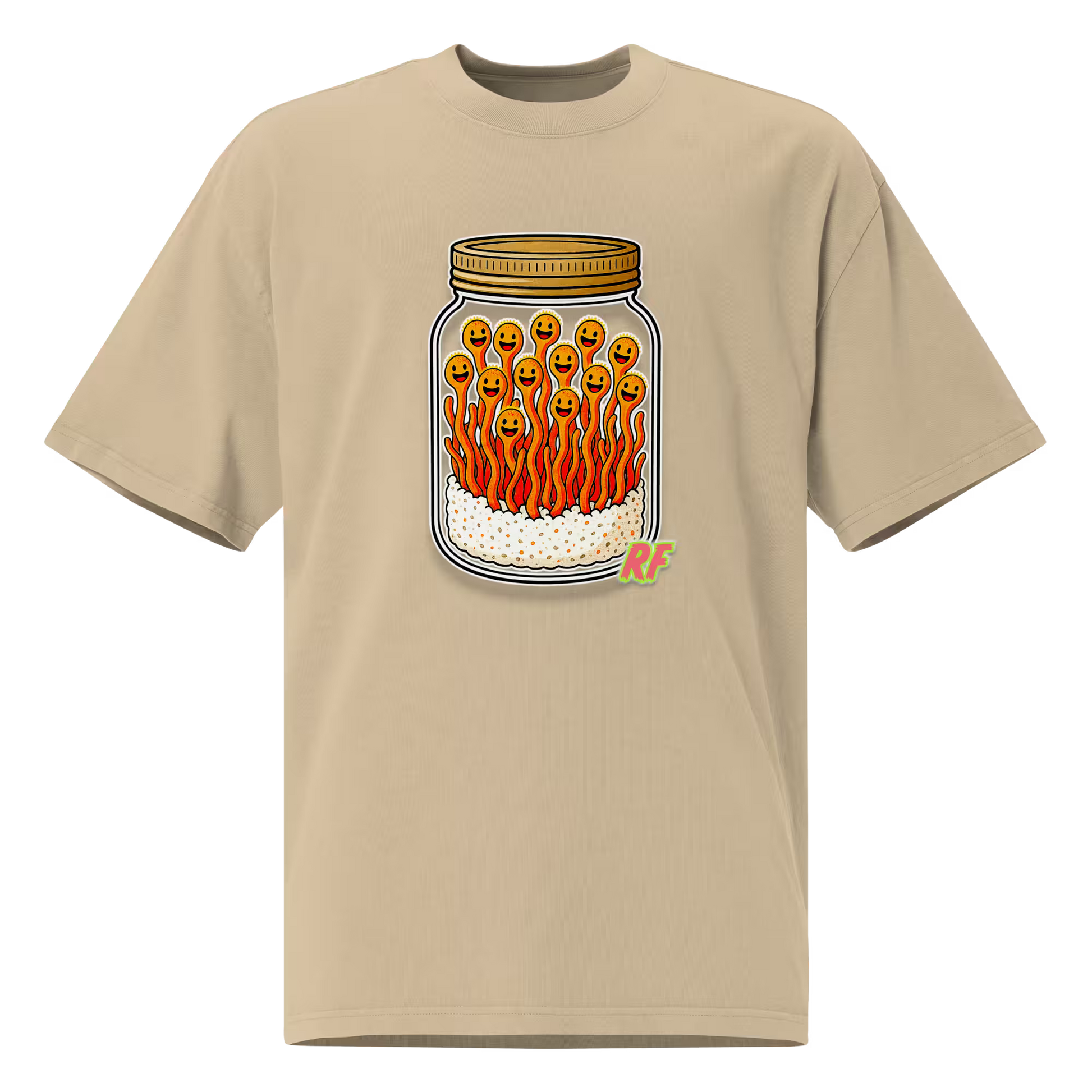 cartoon jar of orange cordyceps mushrooms with smiling faces printed on oversized faded t-shirt