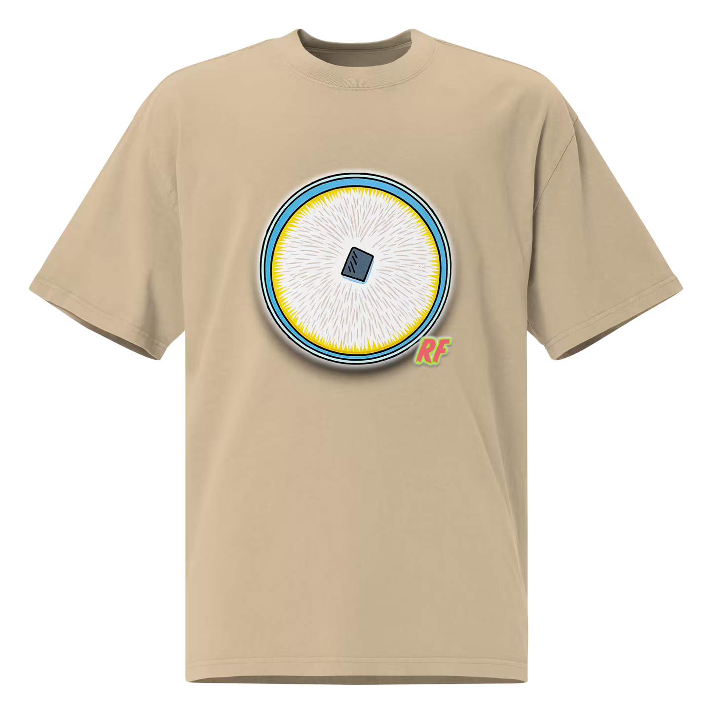 cartoon fully colonized agar culture plate with white mycelium printed on oversized faded t-shirt