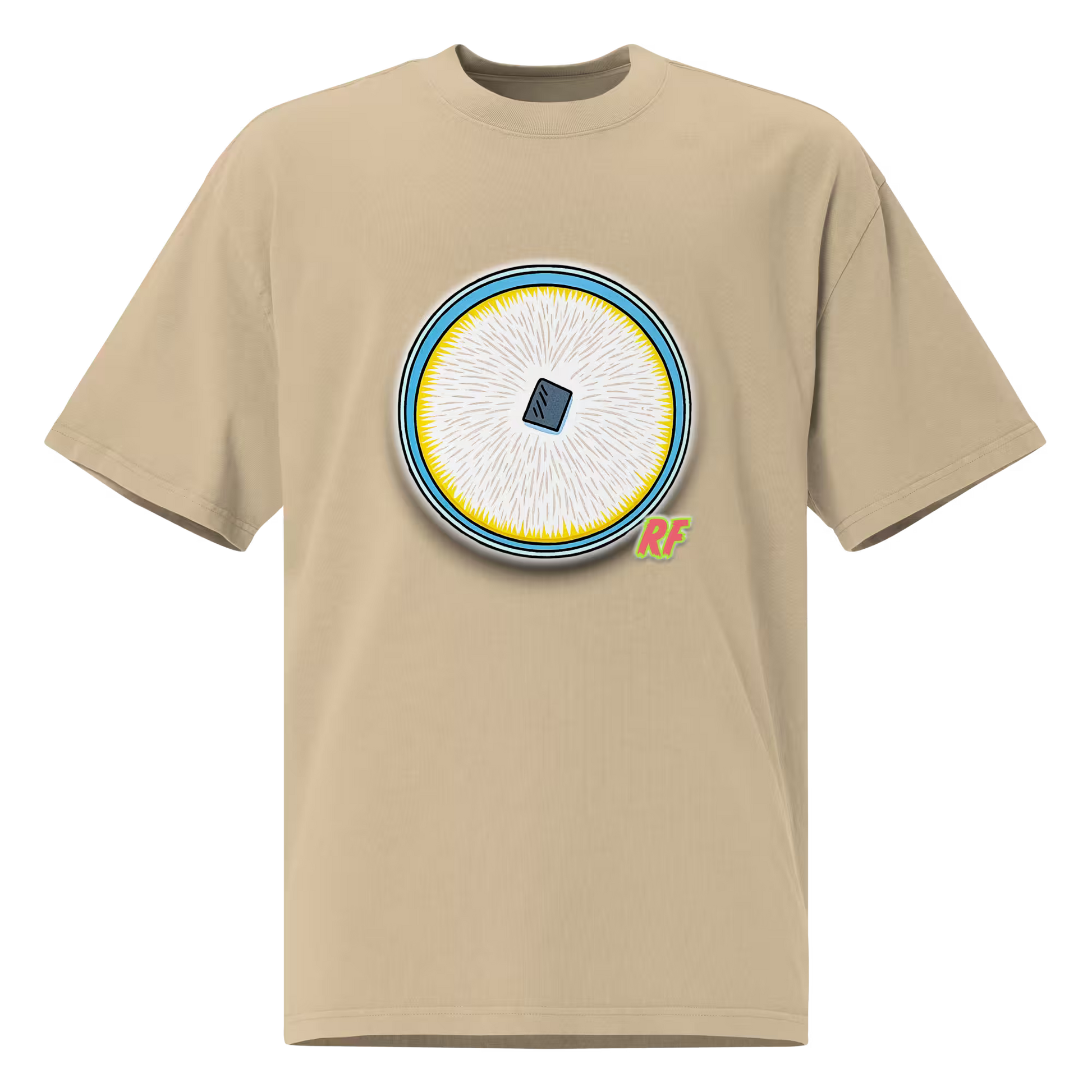 cartoon fully colonized agar culture plate with white mycelium printed on oversized faded t-shirt
