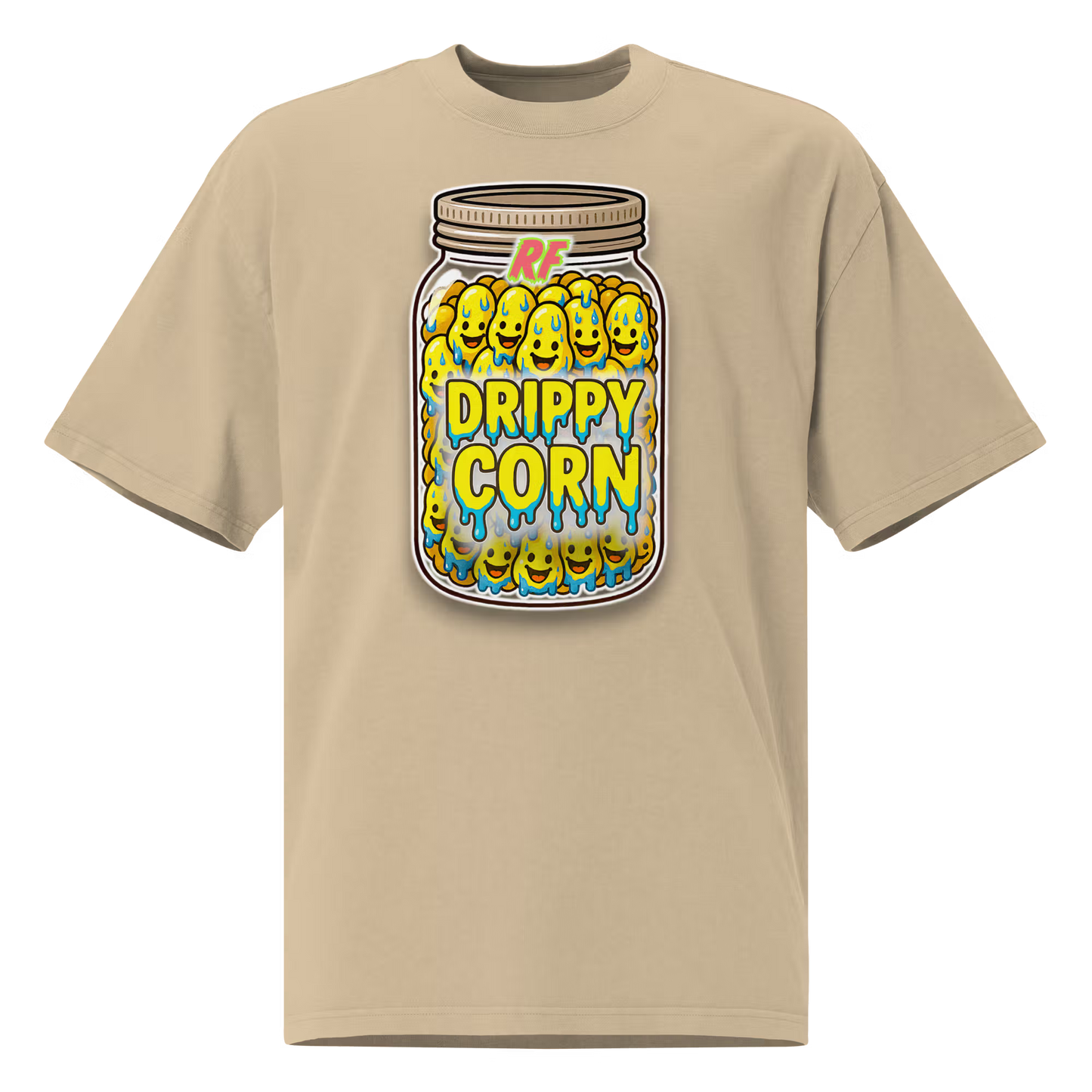 Faded Khaki oversized t-shirt with a 'Drippy Corn' graphic design