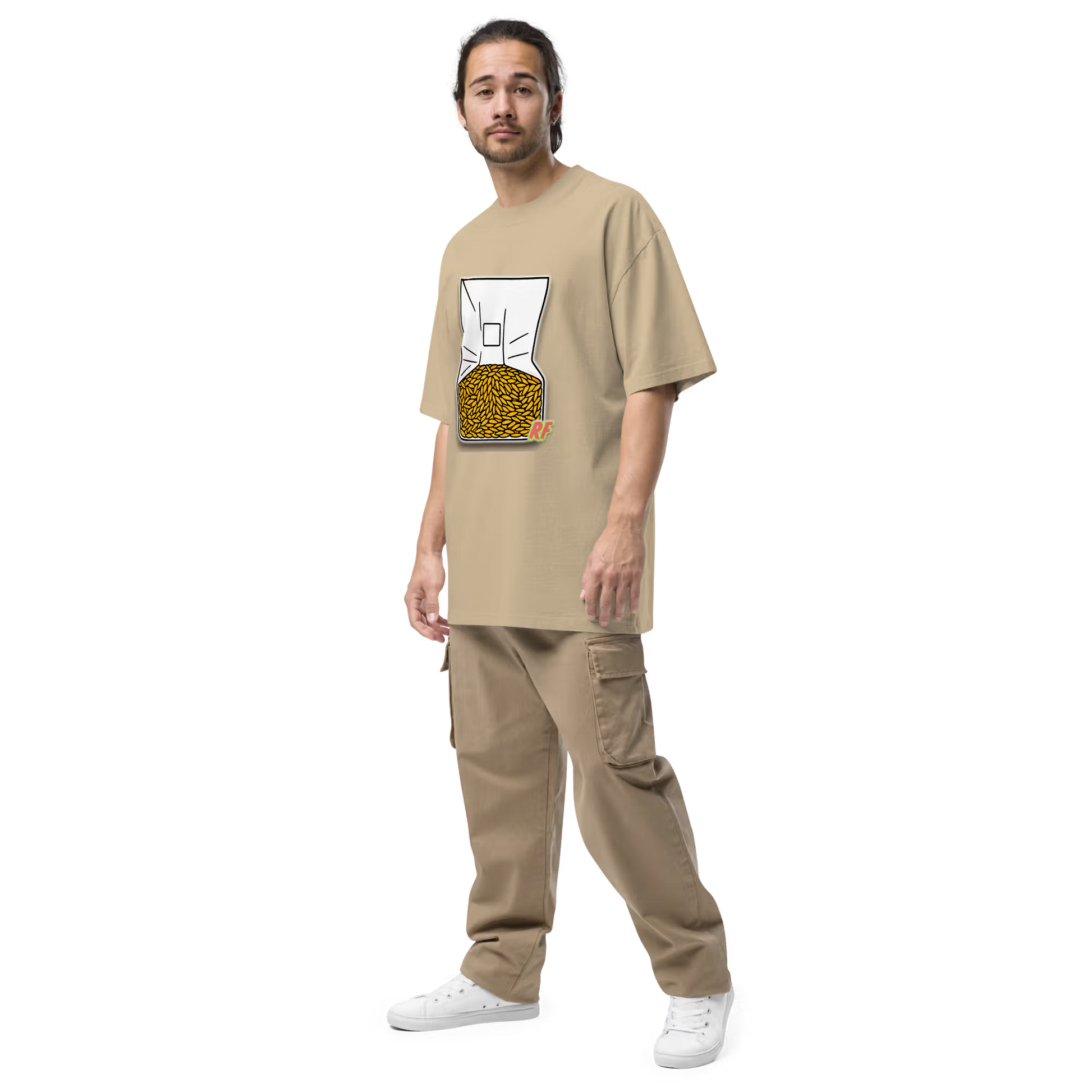 Man wearing Faded Khaki Grain Spawn Oversized T-shirt